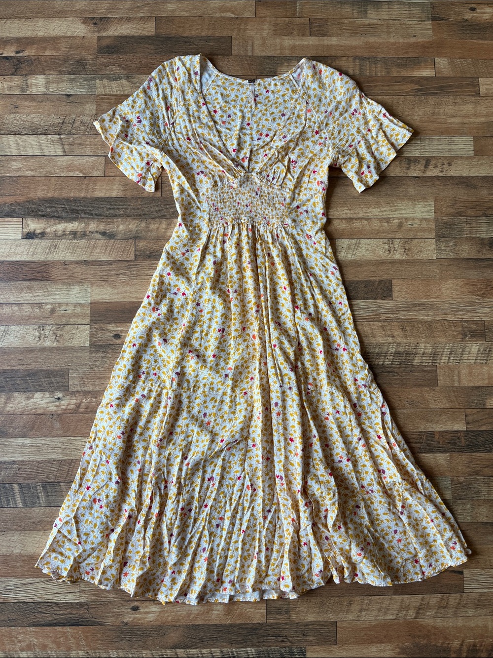 Free People Yellow Floral Maxi Dress with Red Details